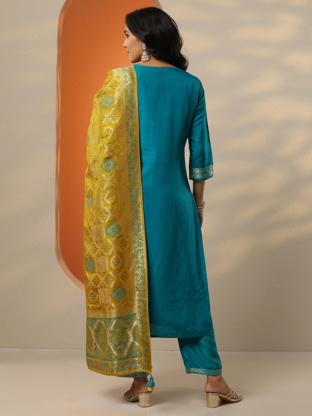  Libas Art Blue Woven Design Silk Blend Straight Suit Set With Dupatta 