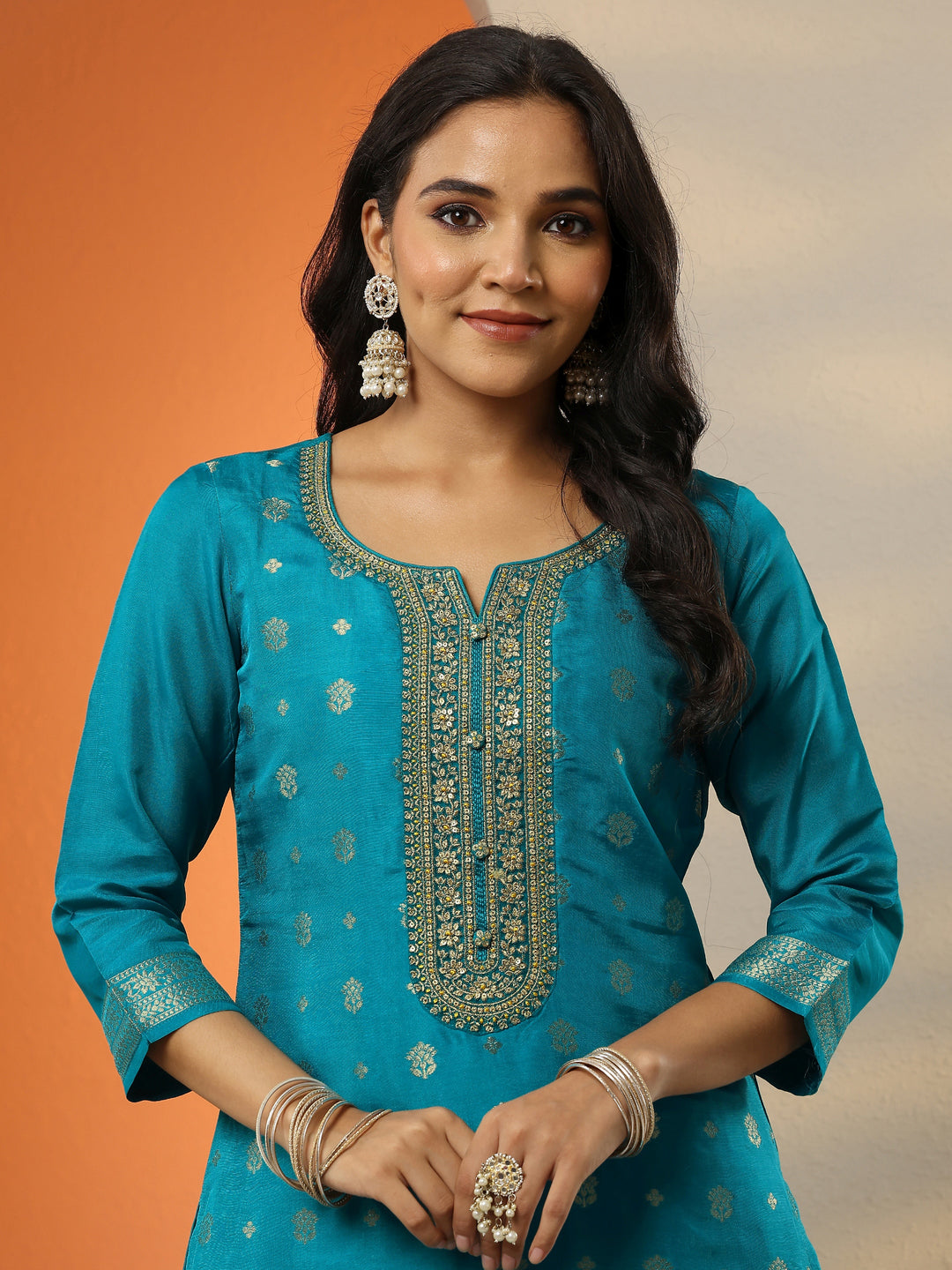  Libas Art Blue Woven Design Silk Blend Straight Suit Set With Dupatta 