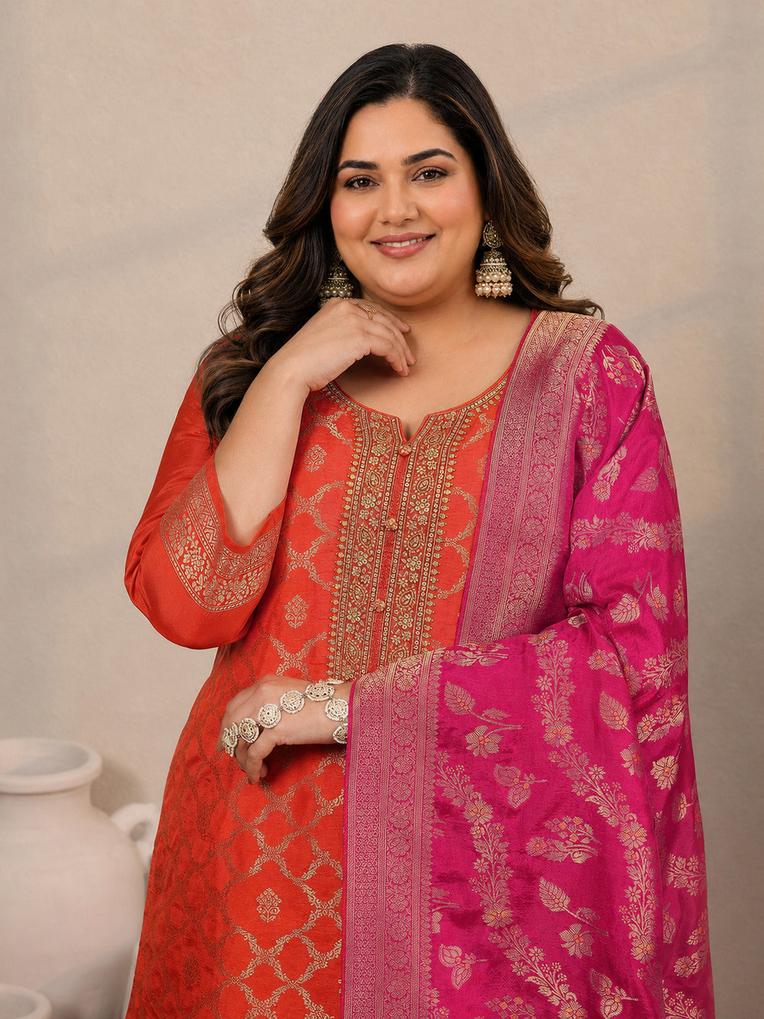  Plus Size Orange Woven Design Silk Blend Straight Suit Set With Dupatta 