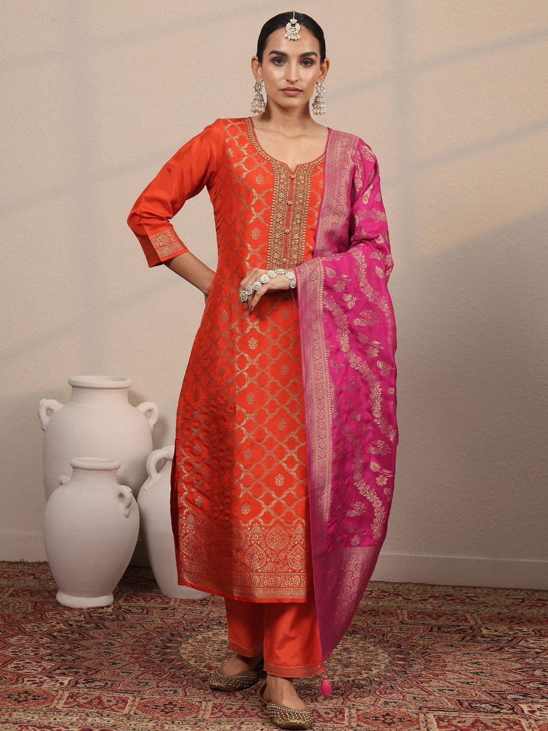  Orange Woven Design Silk Blend Straight Suit Set With Dupatta 