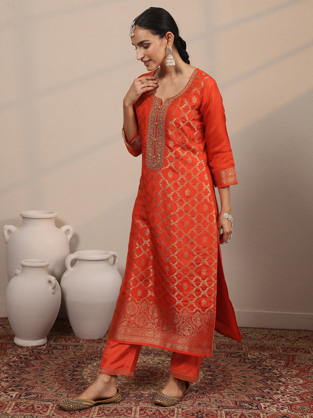  Orange Woven Design Silk Blend Straight Suit Set With Dupatta 