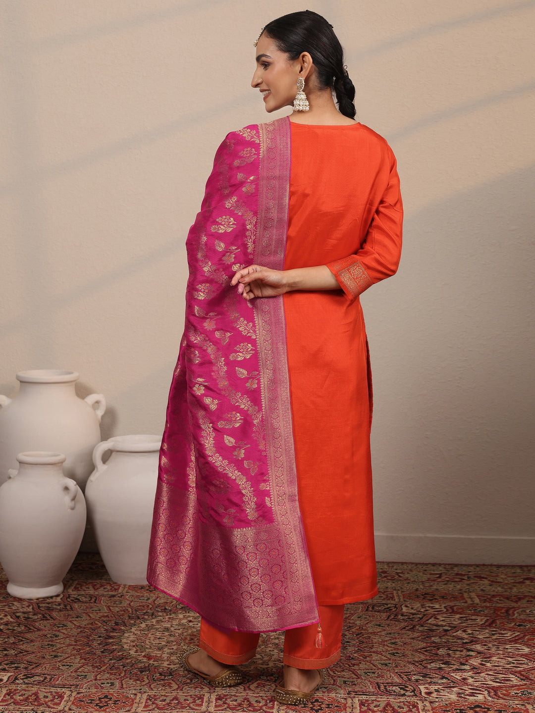  Orange Woven Design Silk Blend Straight Suit Set With Dupatta 
