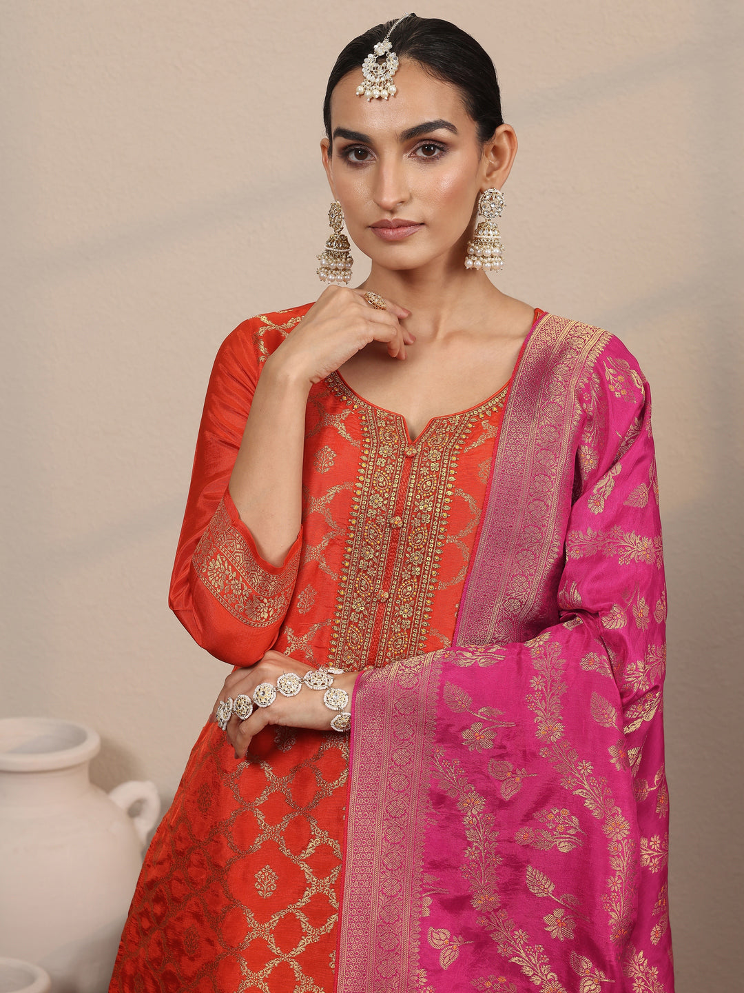  Orange Woven Design Silk Blend Straight Suit Set With Dupatta 