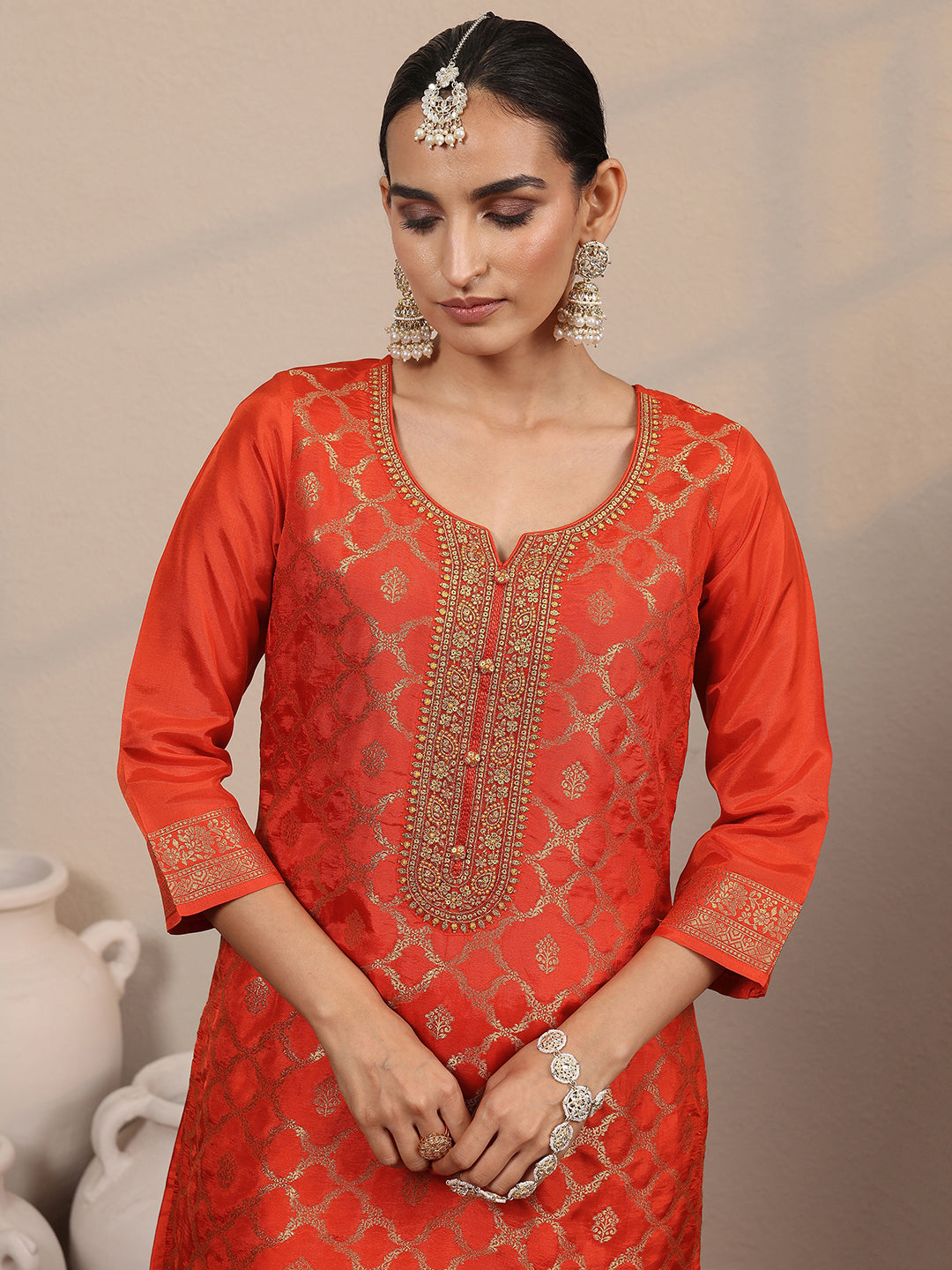  Orange Woven Design Silk Blend Straight Suit Set With Dupatta 