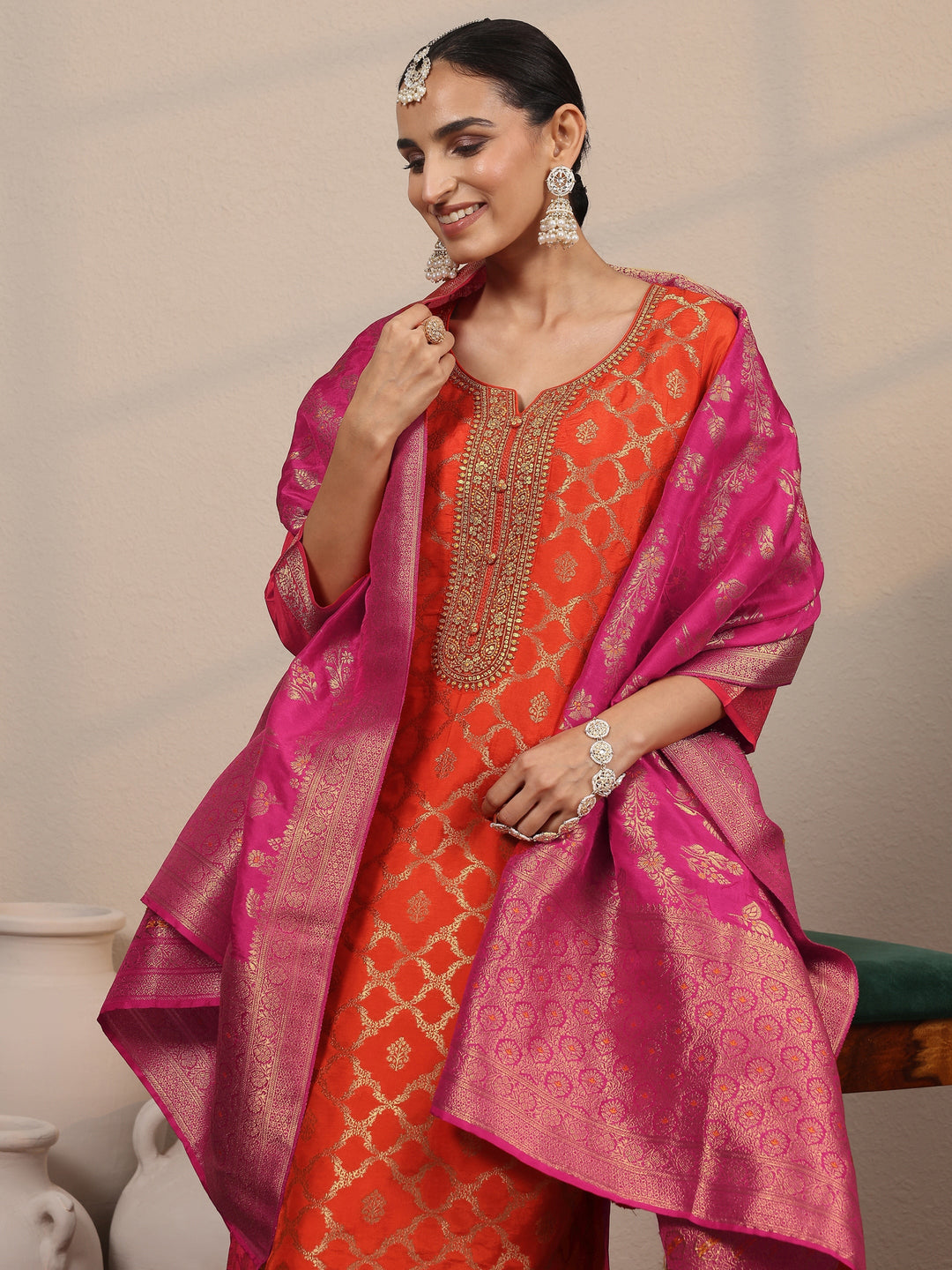 Libas Art Orange Woven Design Silk Blend Straight Suit Set With Dupatta