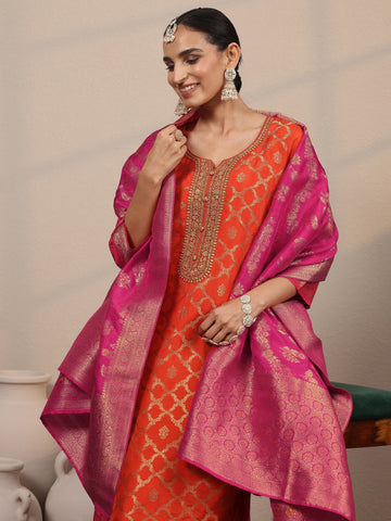 Orange Woven Design Silk Blend Straight Suit Set With Dupatta