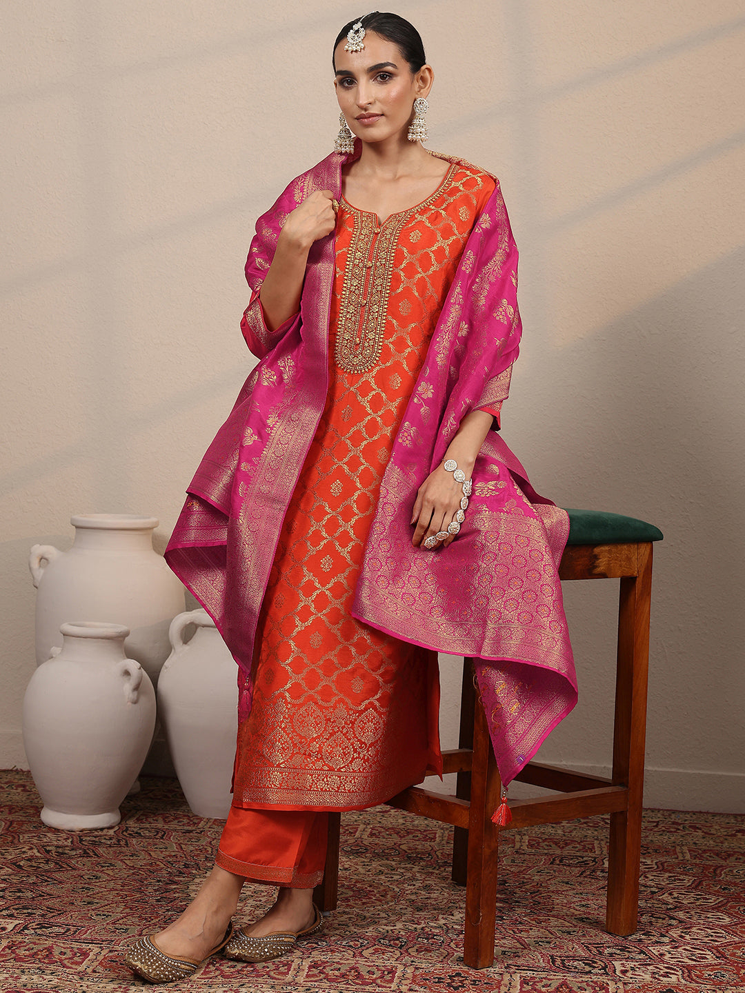  Orange Woven Design Silk Blend Straight Suit Set With Dupatta 
