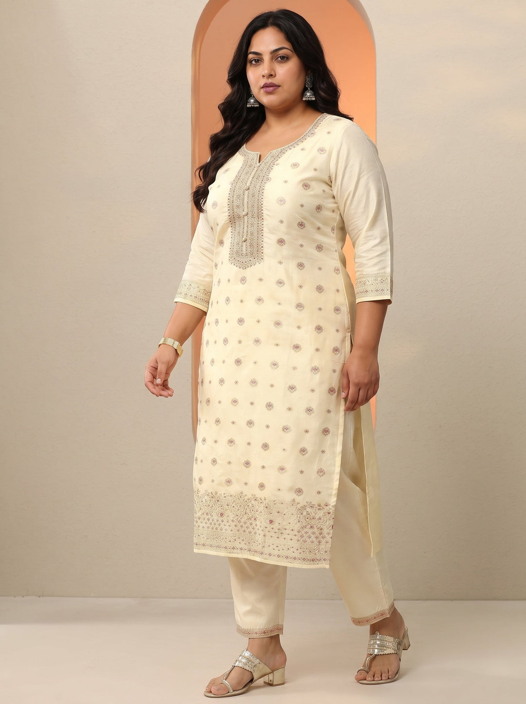  Plus Size Cream Woven Design Silk Blend Straight Suit Set With Dupatta 