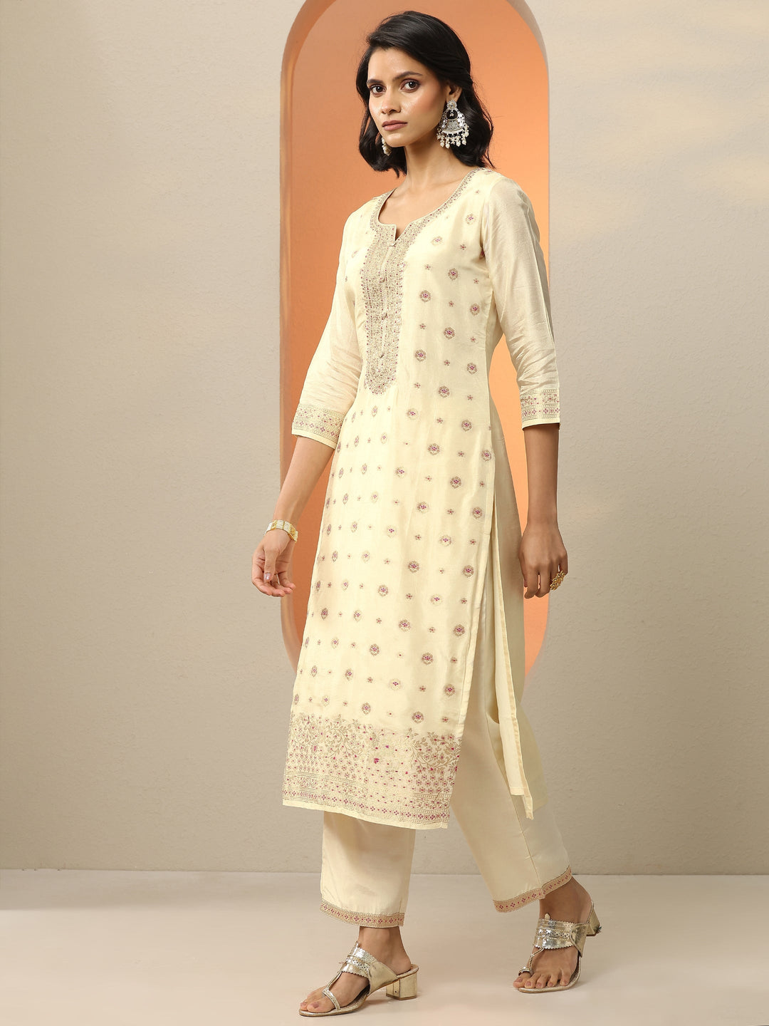  Libas Art Cream Woven Design Silk Blend Straight Suit Set With Dupatta 