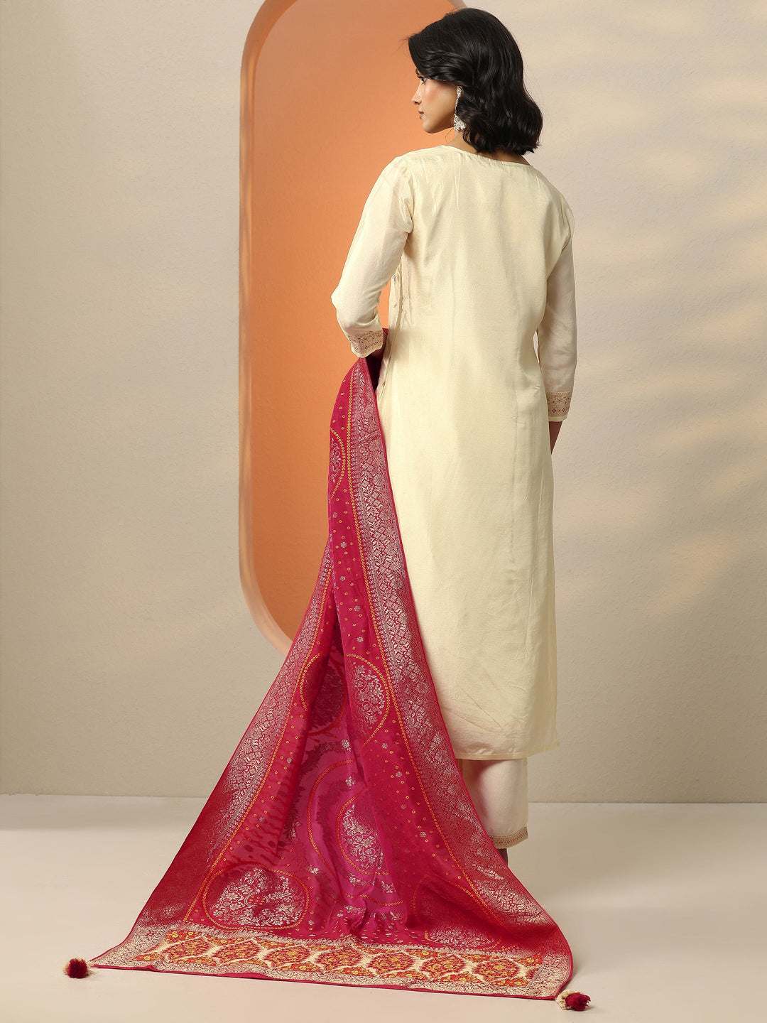  Libas Art Cream Woven Design Silk Blend Straight Suit Set With Dupatta 