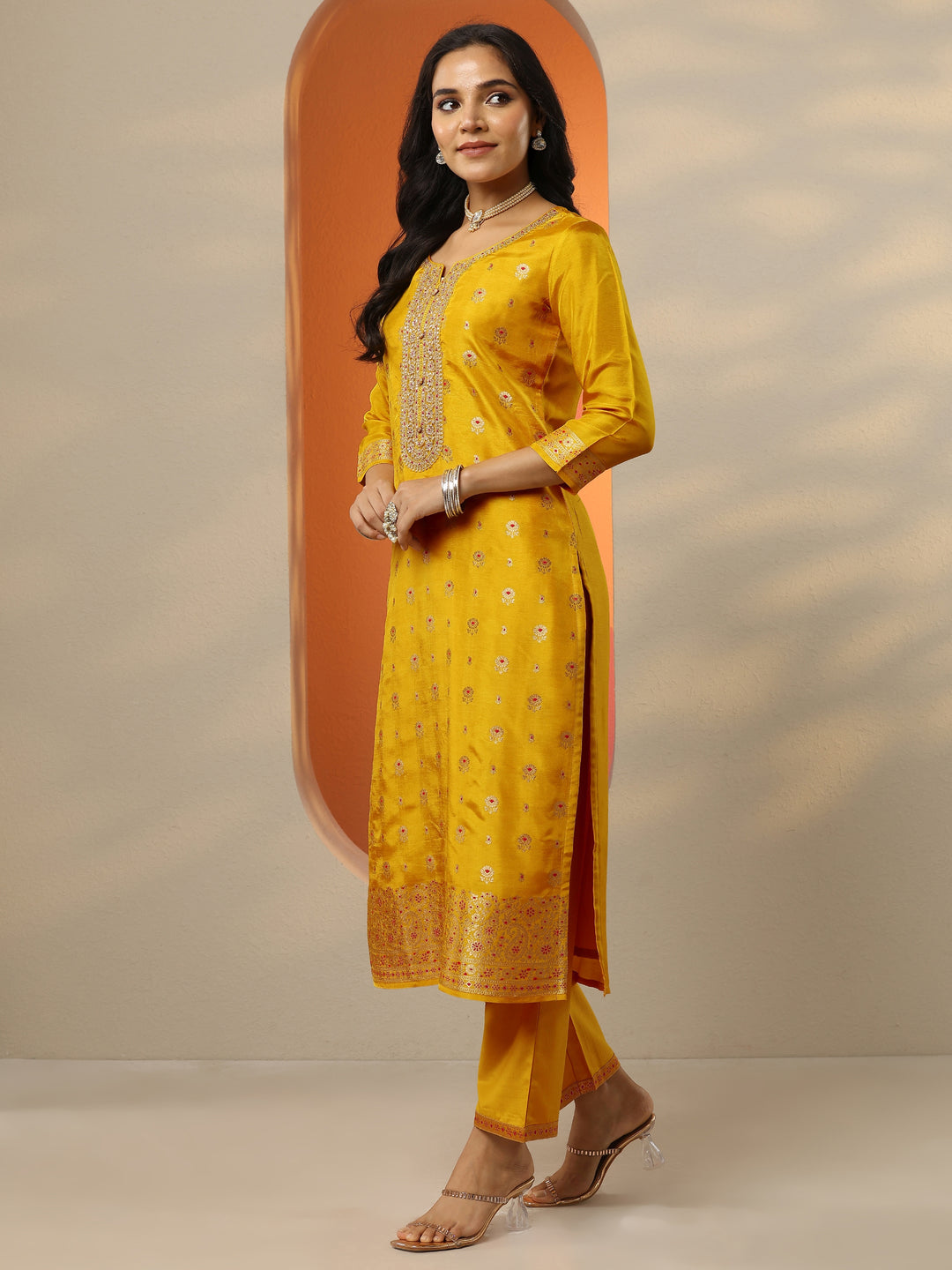  Libas Art Mustard Woven Design Silk Blend Straight Suit Set With Dupatta 
