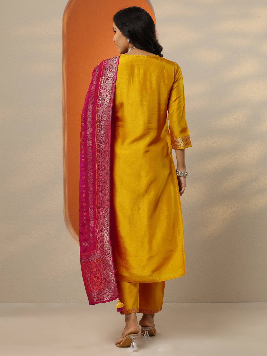  Libas Art Mustard Woven Design Silk Blend Straight Suit Set With Dupatta 