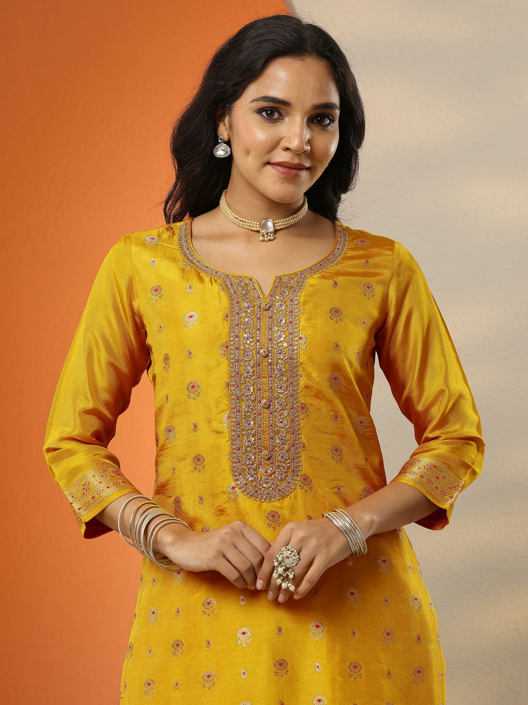  Libas Art Mustard Woven Design Silk Blend Straight Suit Set With Dupatta 