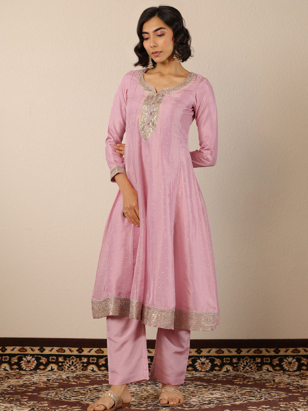  Libas Art Pink Embroidered Silk Blend Anarkali Suit Set With Dupatta 