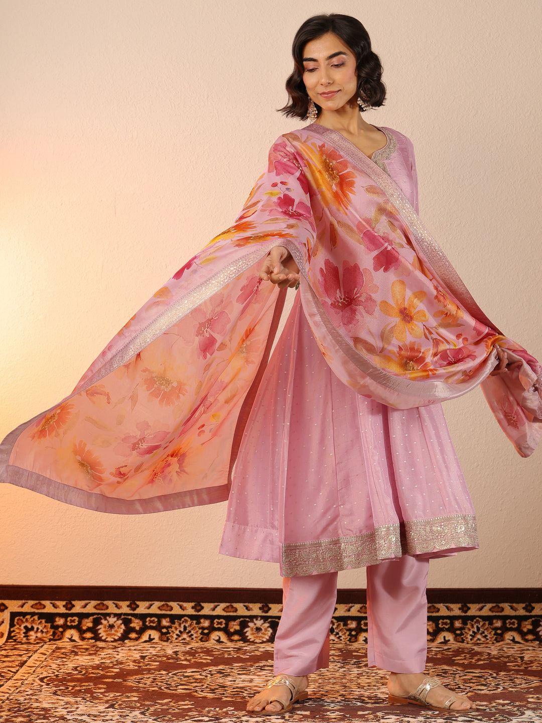  Libas Art Pink Embroidered Silk Blend Anarkali Suit Set With Dupatta 