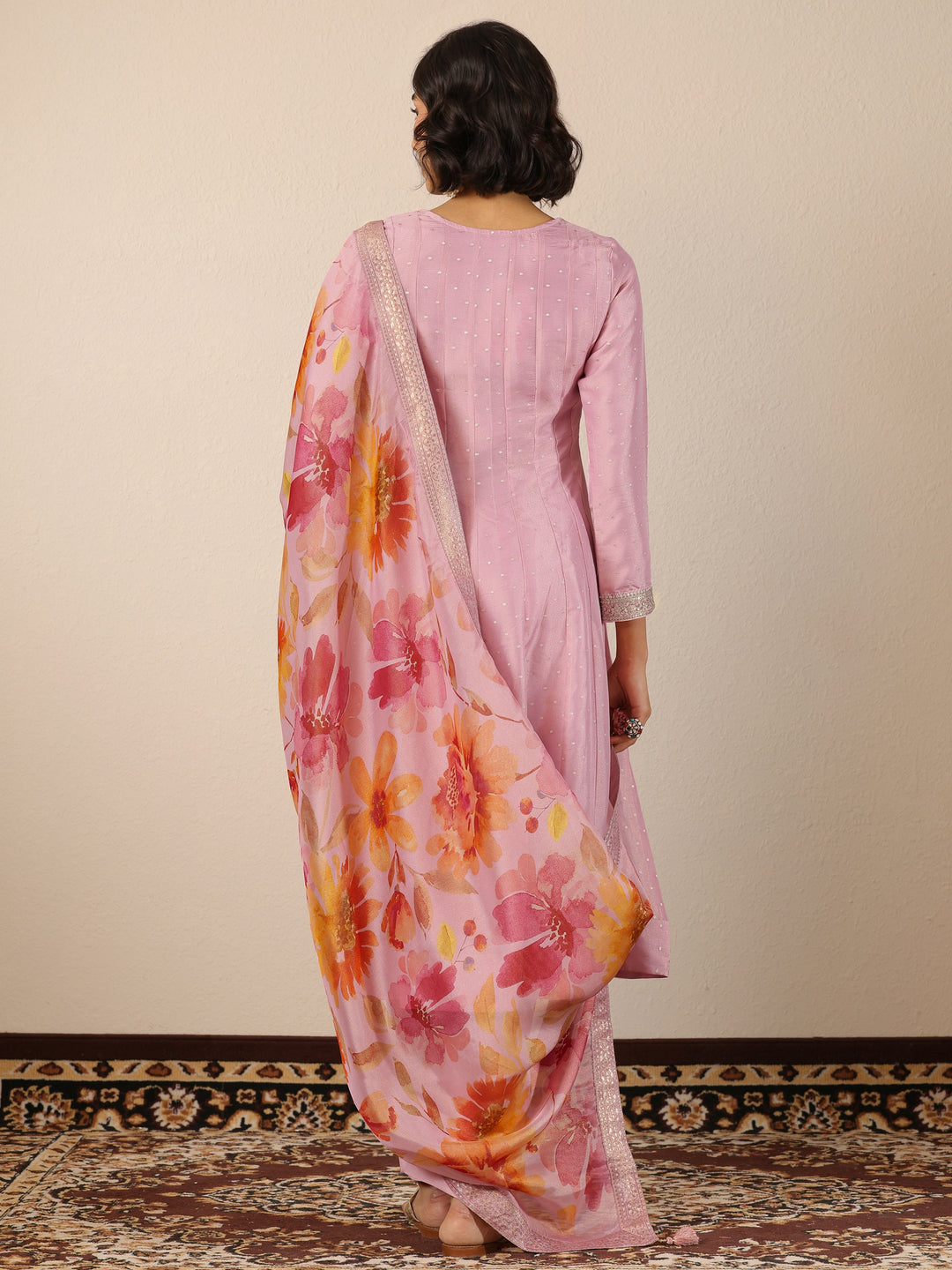  Libas Art Pink Embroidered Silk Blend Anarkali Suit Set With Dupatta 