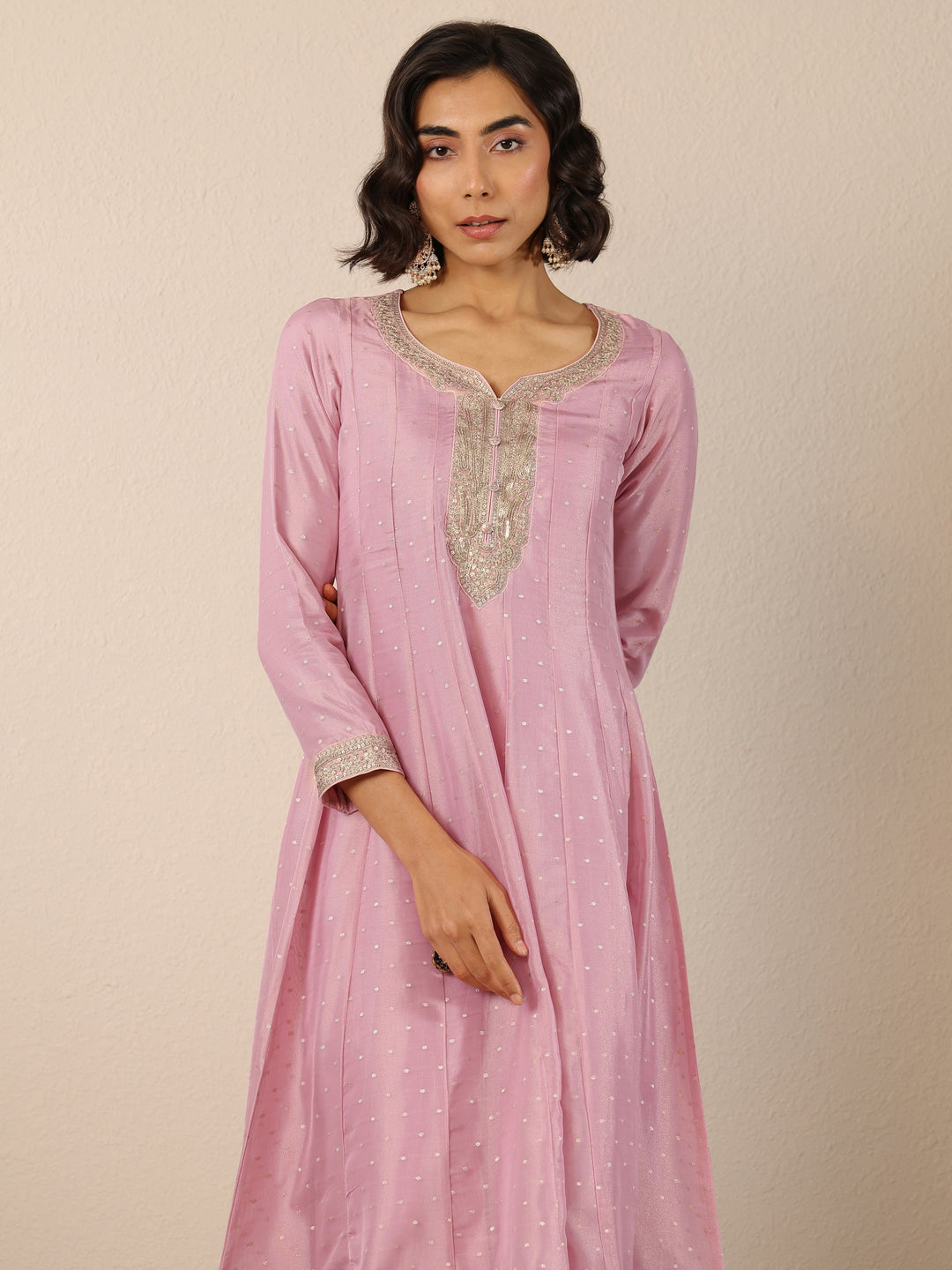  Libas Art Pink Embroidered Silk Blend Anarkali Suit Set With Dupatta 