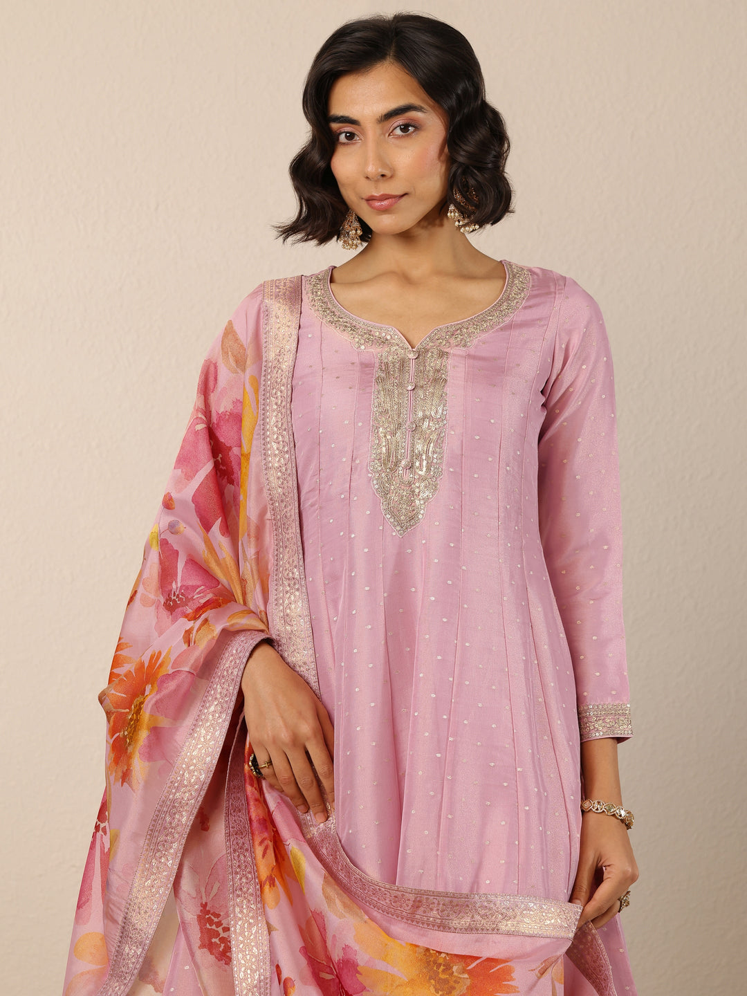  Libas Art Pink Embroidered Silk Blend Anarkali Suit Set With Dupatta 