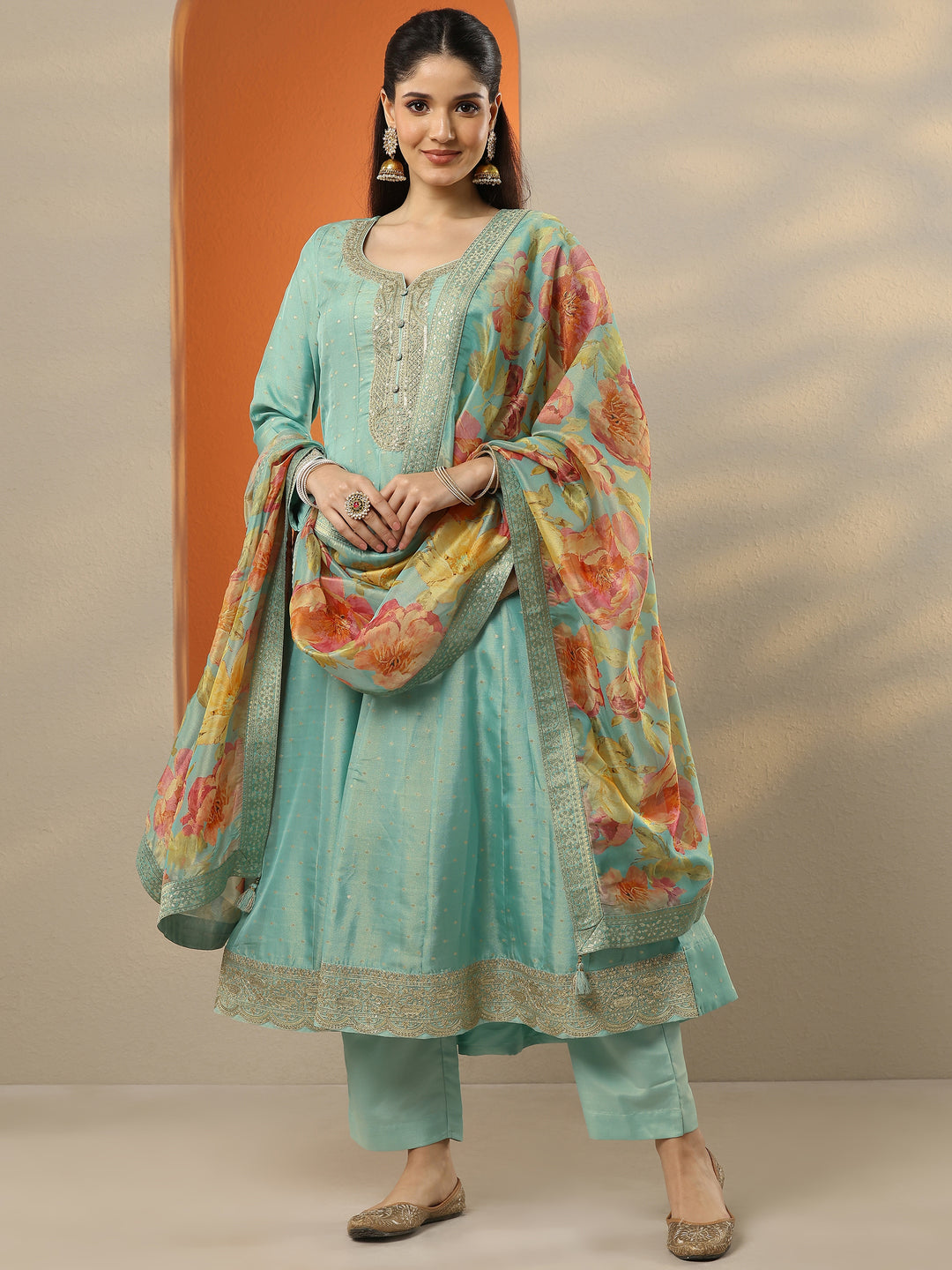 Libas Art Blue Embroidered Silk Blend Anarkali Suit Set With Dupatta