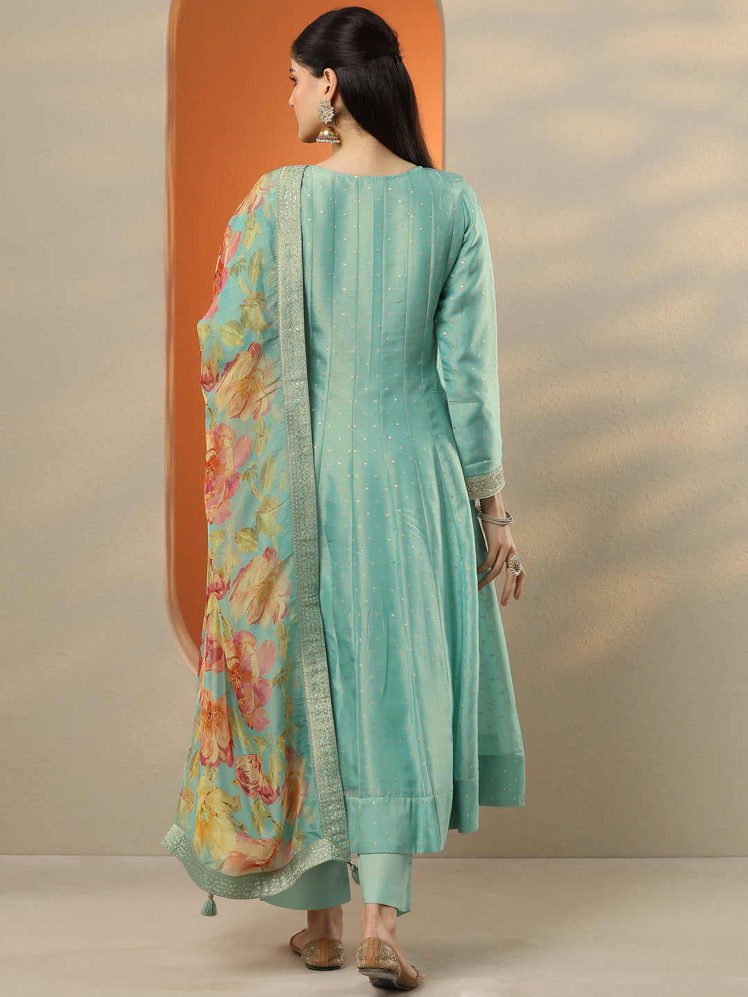  Libas Art Blue Embroidered Silk Blend Anarkali Suit Set With Dupatta 