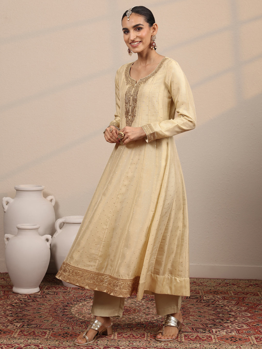  Libas Art Beige Embroidered Silk Blend Anarkali Suit Set With Dupatta 
