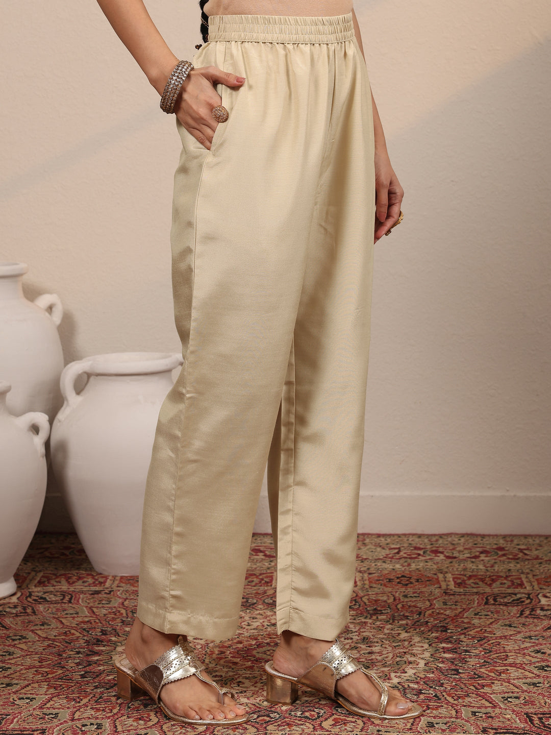  Libas Art Beige Embroidered Silk Blend Anarkali Suit Set With Dupatta 
