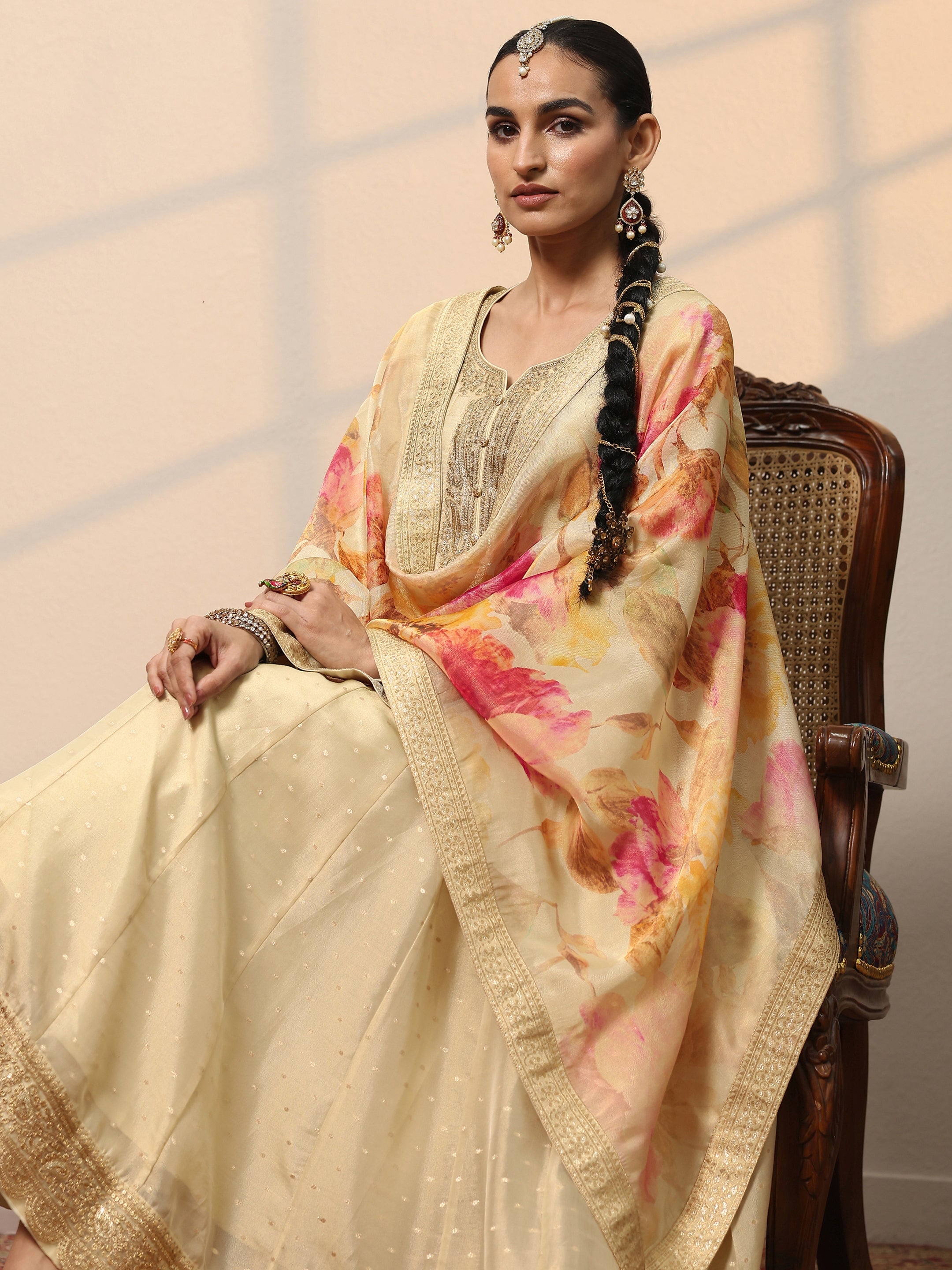 Libas Art Beige Embroidered Silk Blend Anarkali Suit Set With Dupatta-image-45