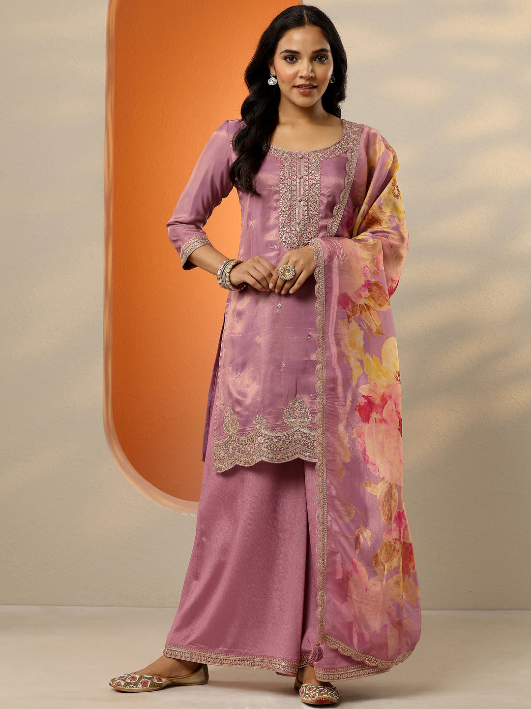  Libas Art Mauve Embroidered Silk Blend Straight Suit Set With Dupatta 