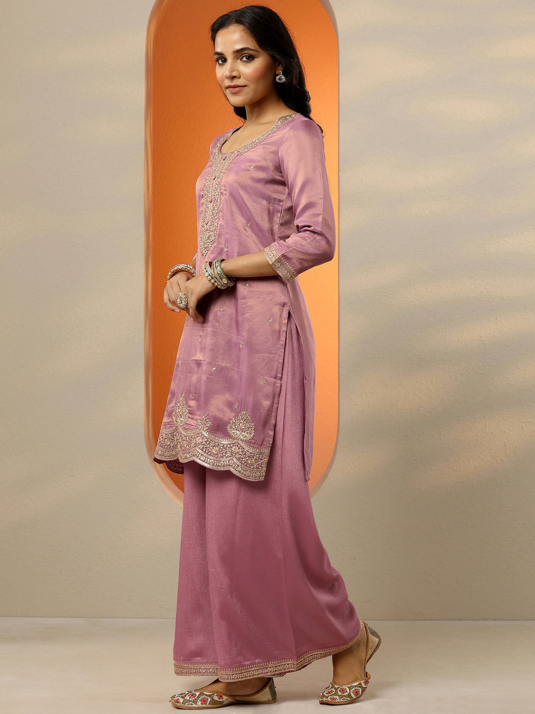  Libas Art Mauve Embroidered Silk Blend Straight Suit Set With Dupatta 