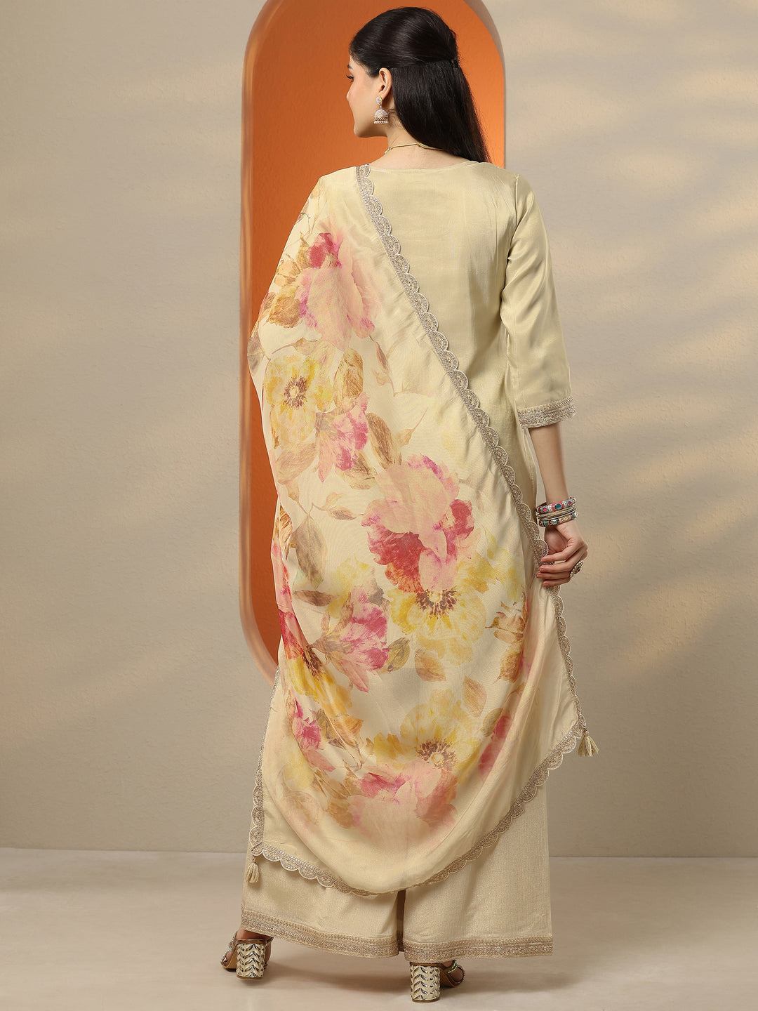  Libas Art Cream Embroidered Silk Blend Straight Suit Set With Dupatta 