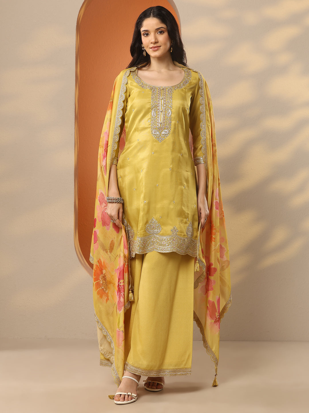  Libas Art Yellow Embroidered Silk Blend Straight Suit Set With Dupatta 