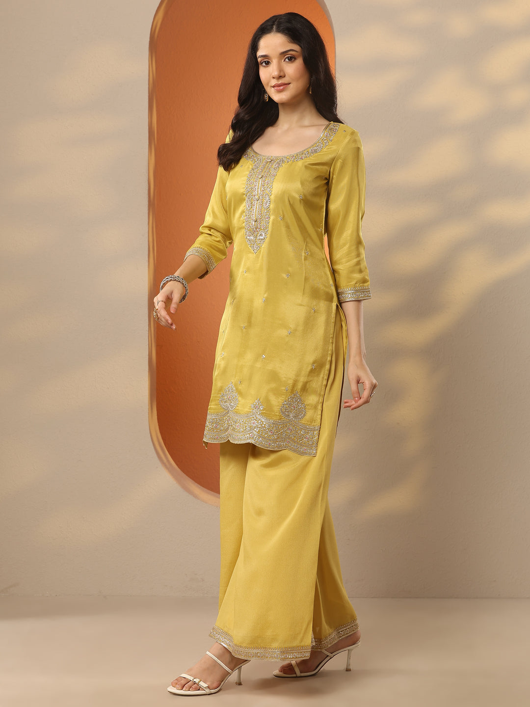  Libas Art Yellow Embroidered Silk Blend Straight Suit Set With Dupatta 