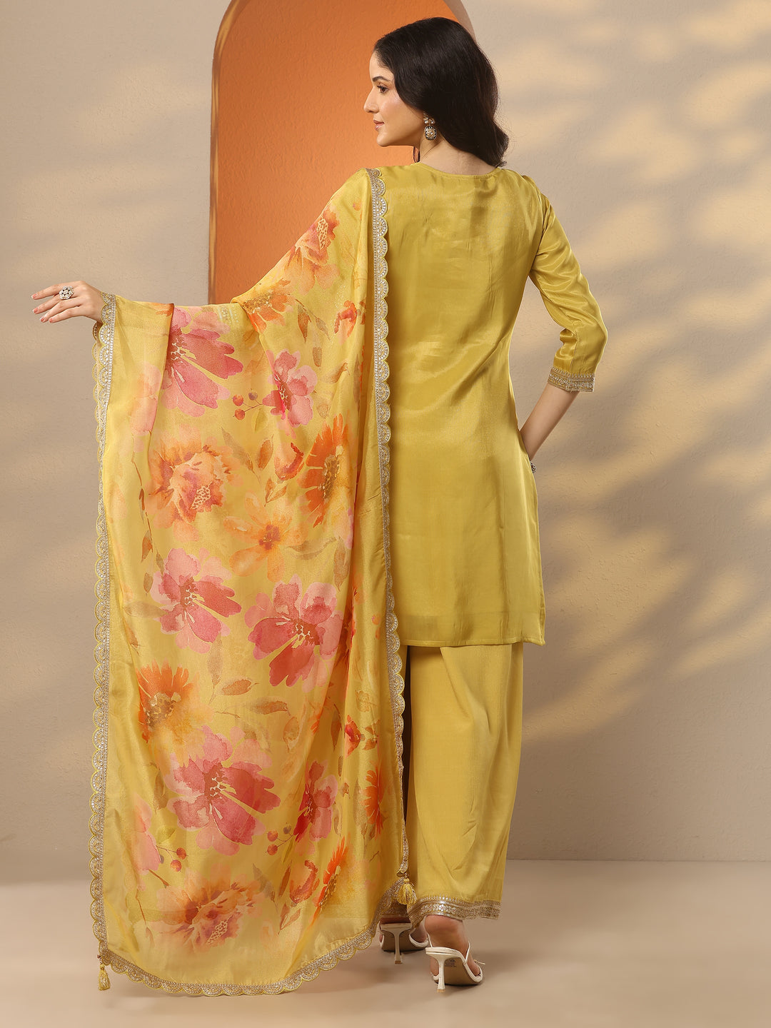  Libas Art Yellow Embroidered Silk Blend Straight Suit Set With Dupatta 