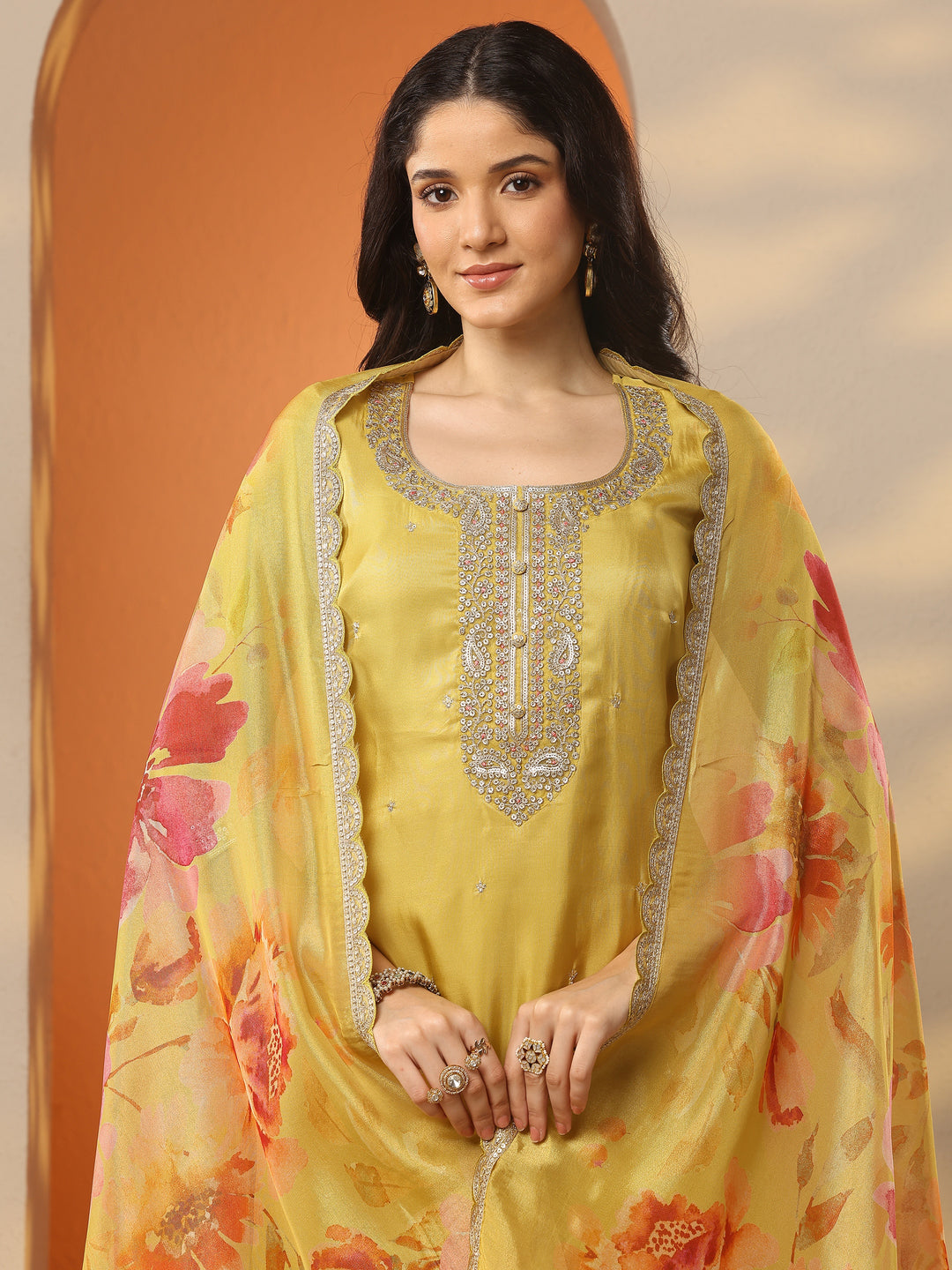  Libas Art Yellow Embroidered Silk Blend Straight Suit Set With Dupatta 