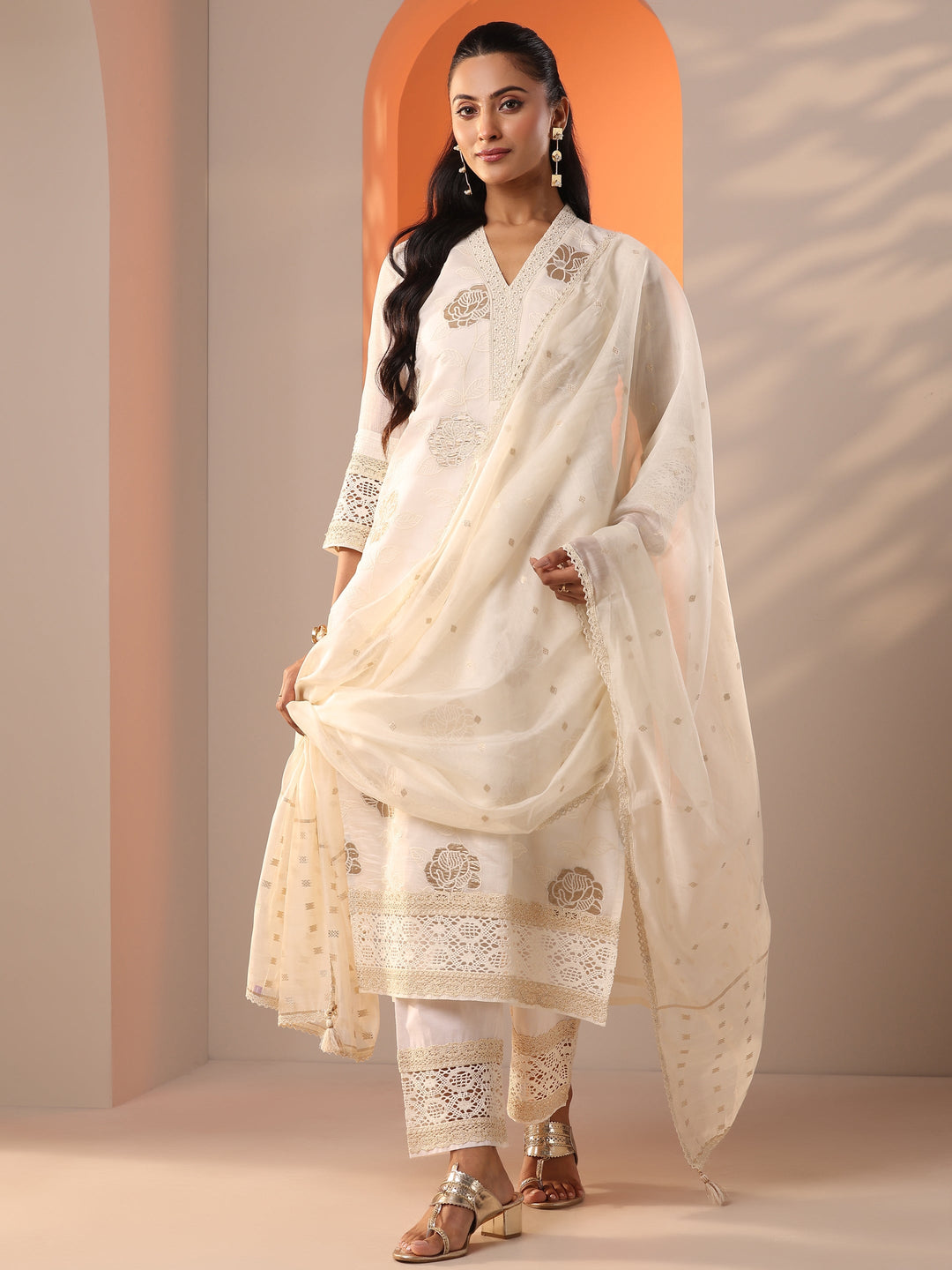  Libas Art Off White Embroidered Silk Blend Straight Suit Set With Dupatta 
