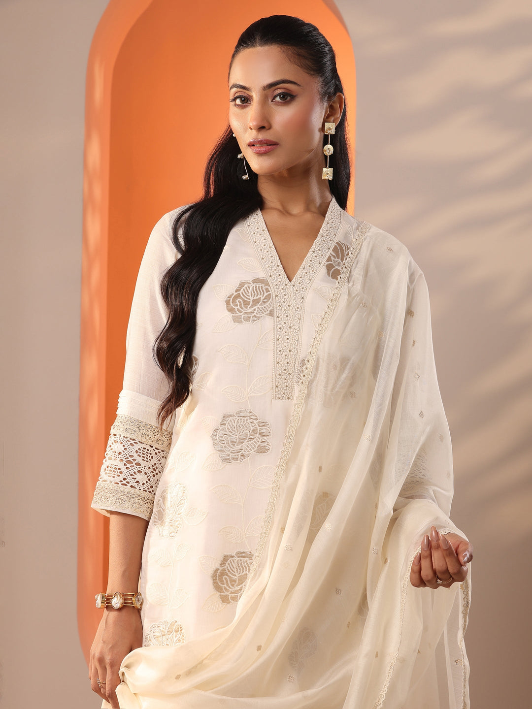  Libas Art Off White Embroidered Silk Blend Straight Suit Set With Dupatta 