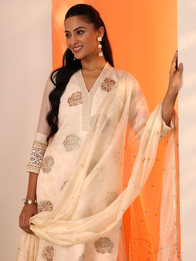 Libas Off White Embroidered Silk Blend Straight Suit Set With Dupatta
