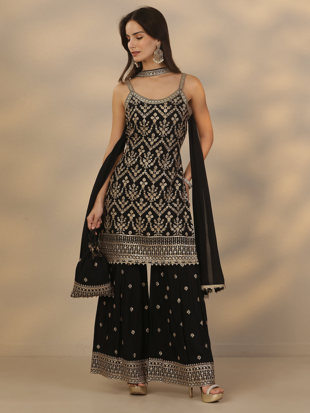  Libas Art Black Embroidered Chinon Straight Suit Set With Dupatta 