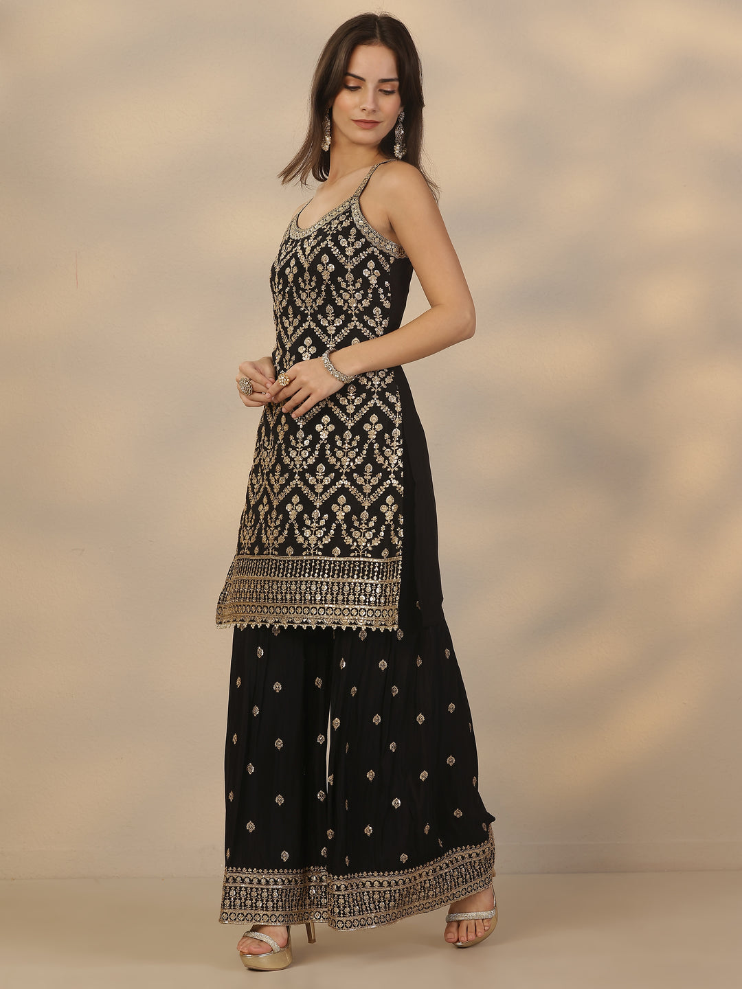  Libas Art Black Embroidered Chinon Straight Suit Set With Dupatta 