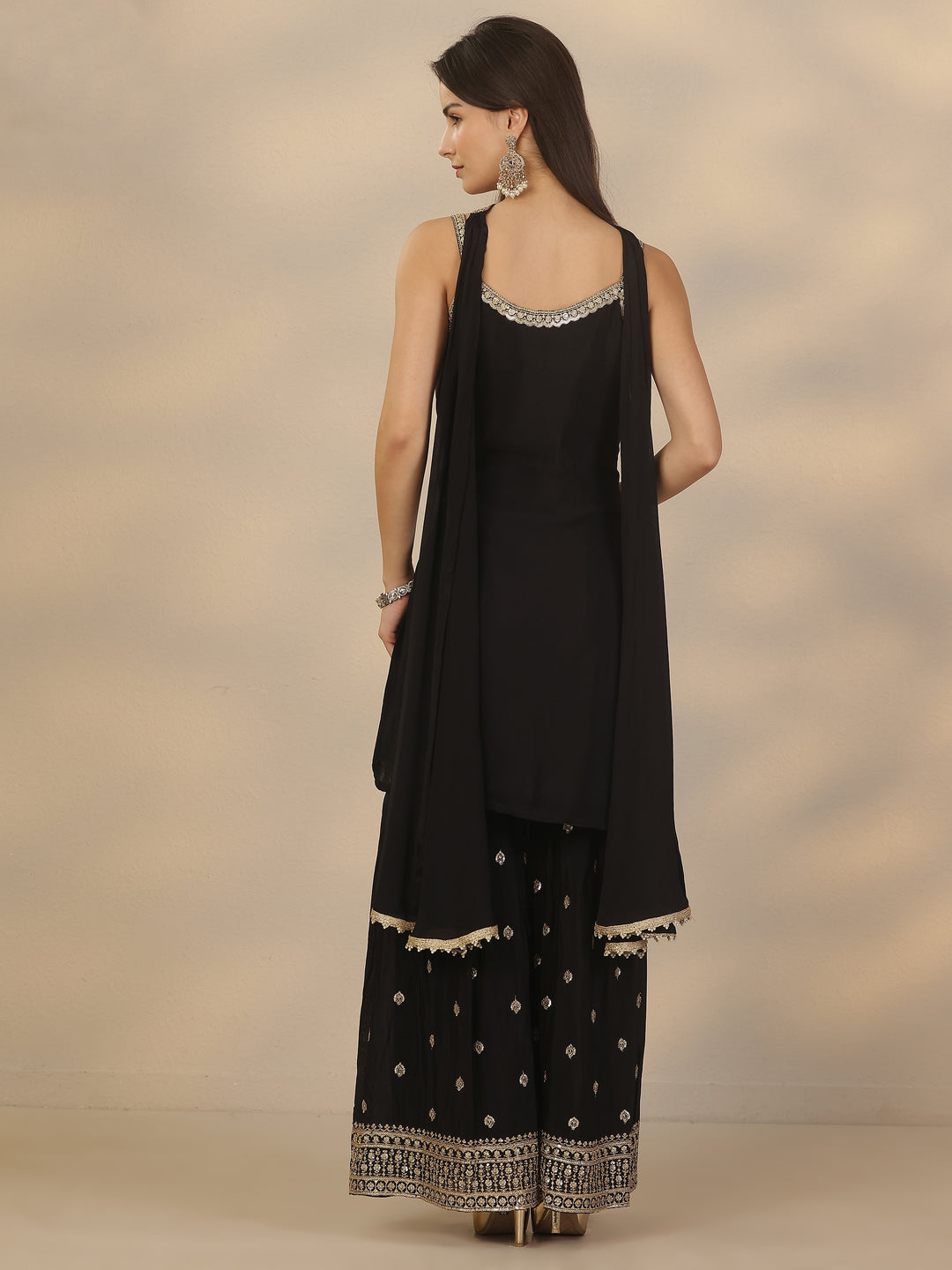  Libas Art Black Embroidered Chinon Straight Suit Set With Dupatta 