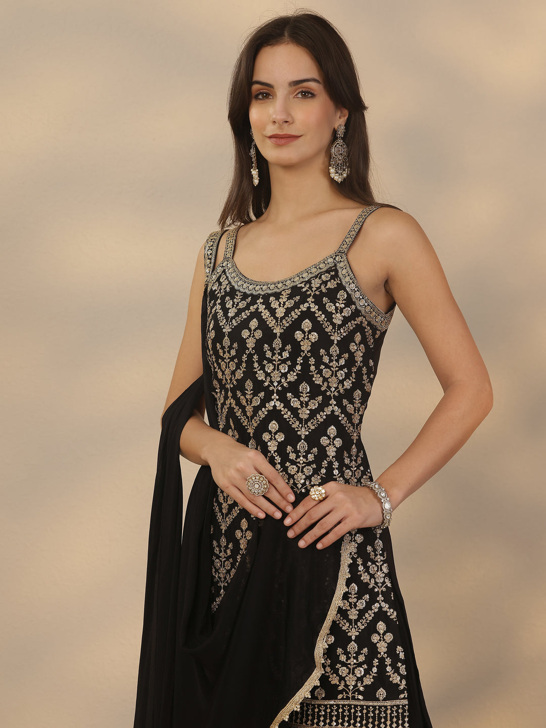  Libas Art Black Embroidered Chinon Straight Suit Set With Dupatta 