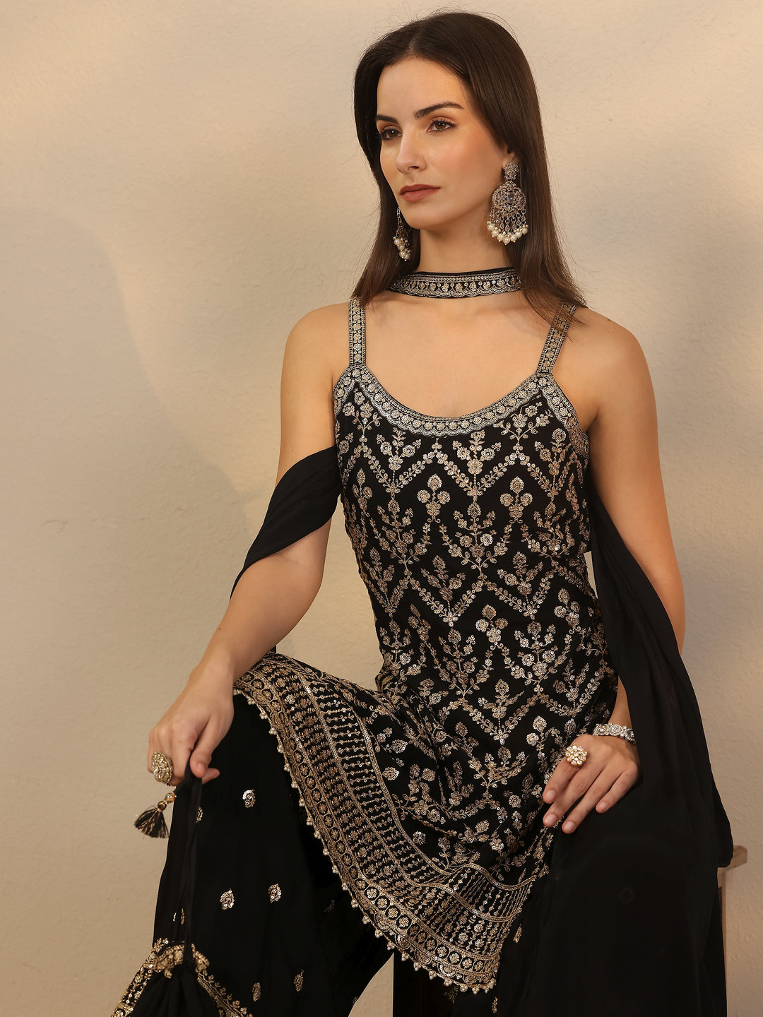 Libas Art Black Embroidered Chinon Straight Suit Set With Dupatta 