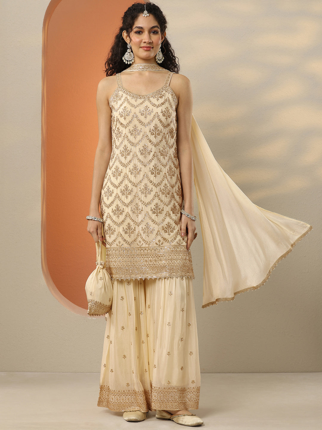  Libas Art Cream Embellished Chinon Straight Suit Set With Dupatta 