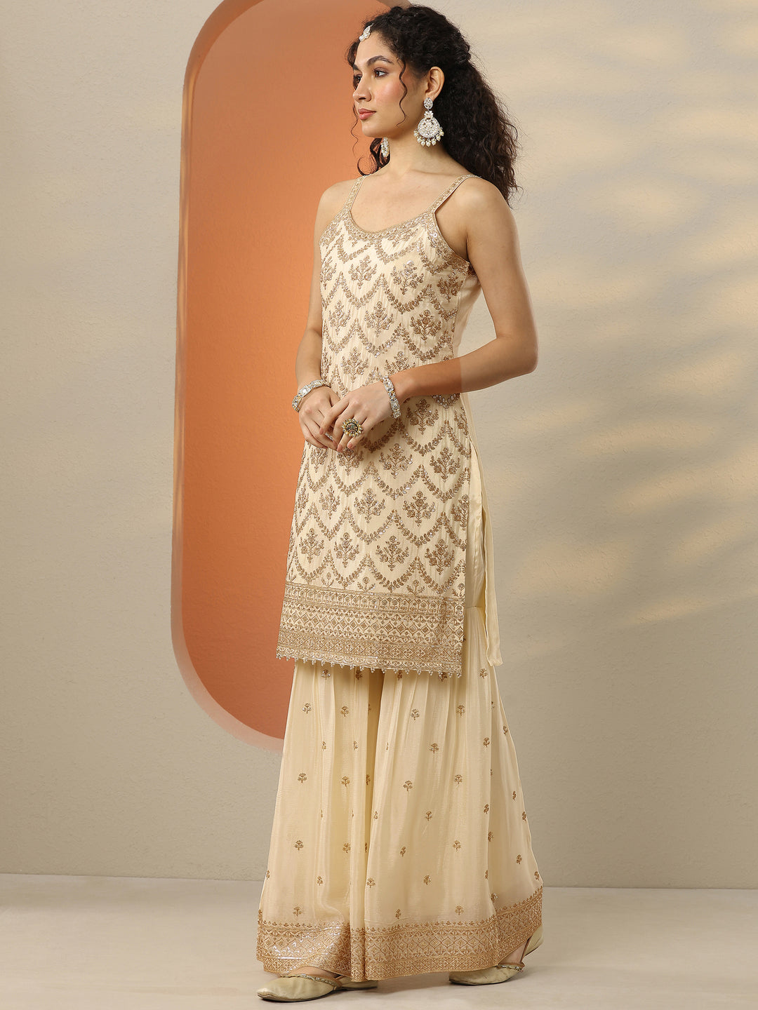  Libas Art Cream Embellished Chinon Straight Suit Set With Dupatta 