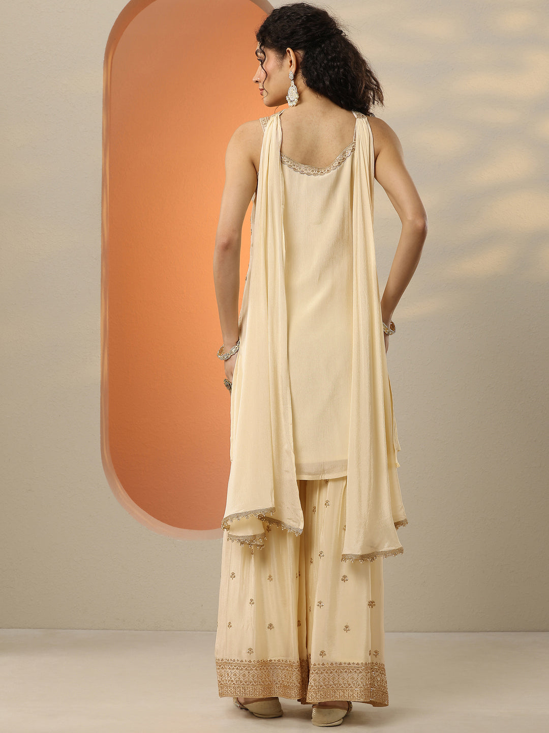  Libas Art Cream Embellished Chinon Straight Suit Set With Dupatta 