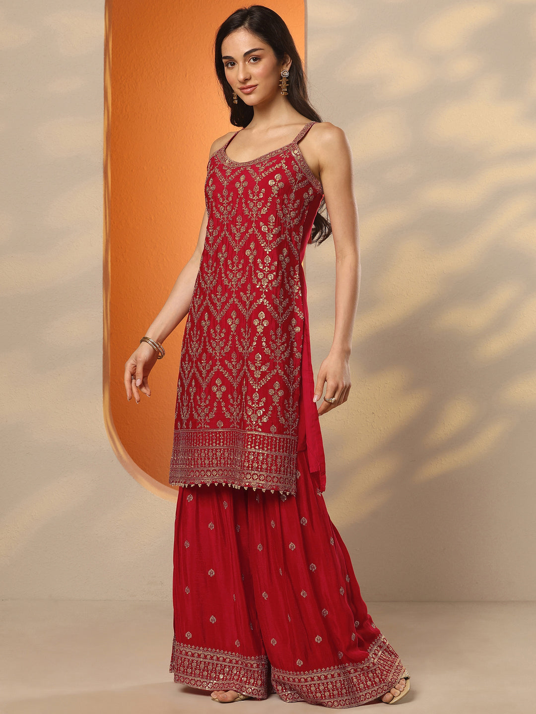  Libas Art Red Embroidered Chinon Straight Suit Set With Dupatta 