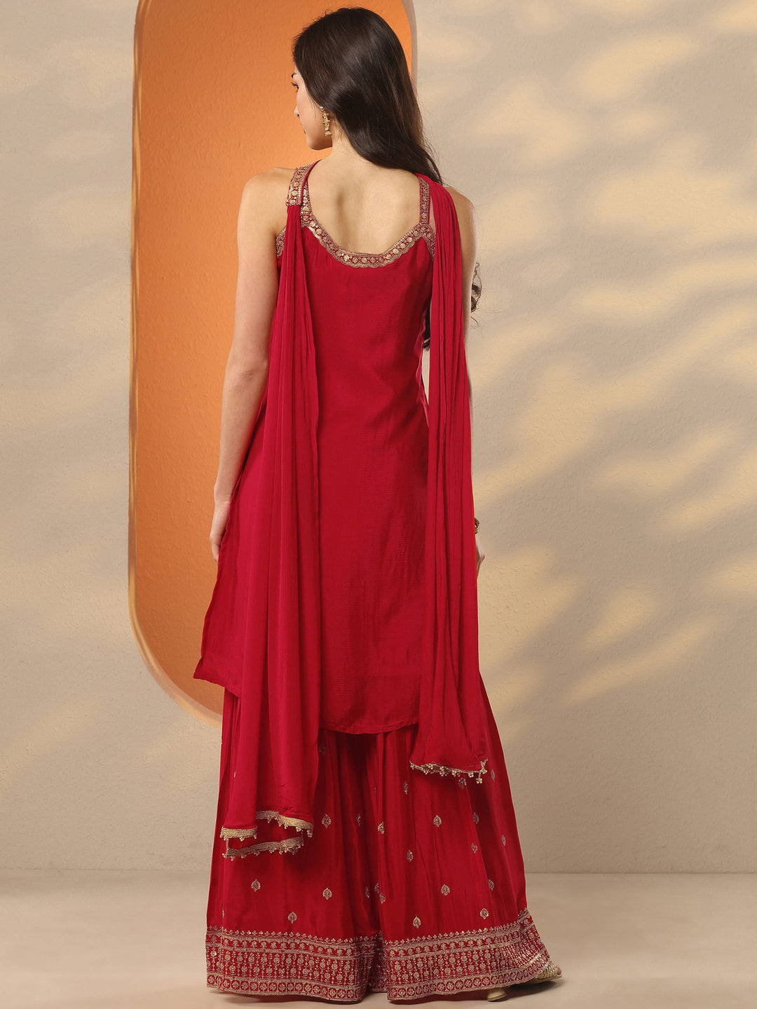  Libas Art Red Embroidered Chinon Straight Suit Set With Dupatta 