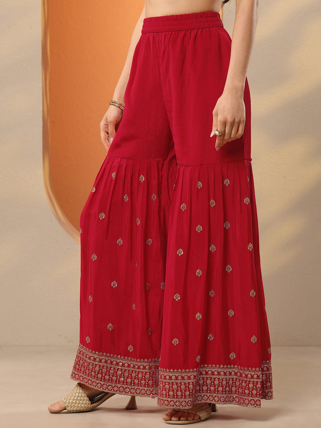  Libas Art Red Embroidered Chinon Straight Suit Set With Dupatta 