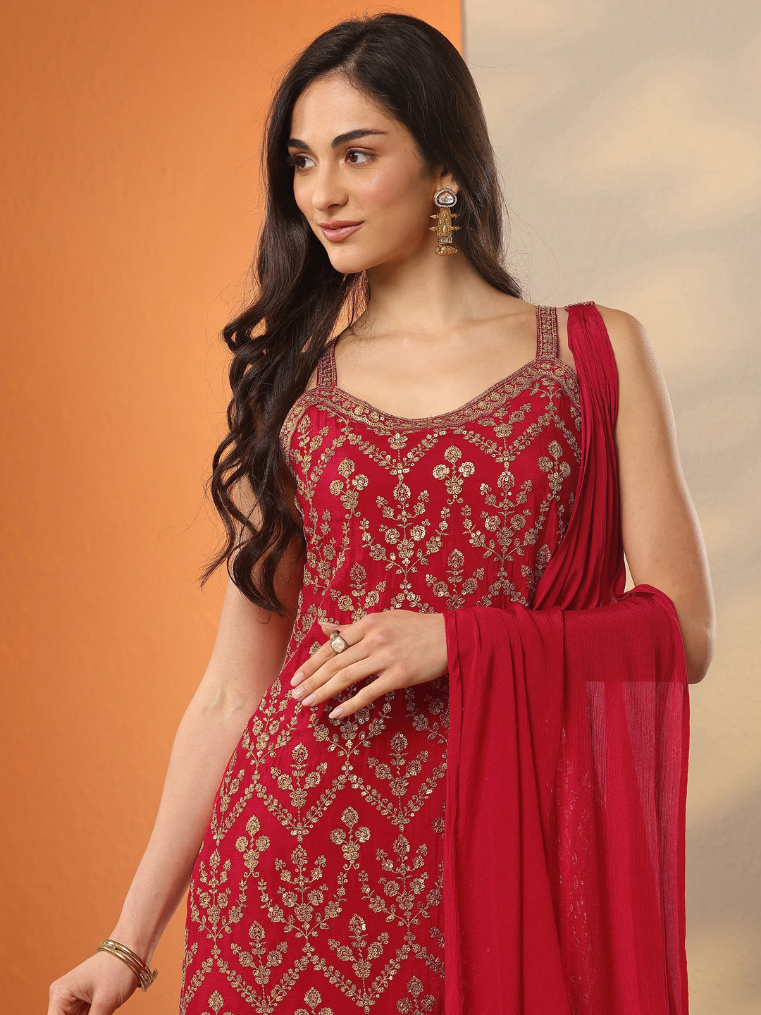  Libas Art Red Embroidered Chinon Straight Suit Set With Dupatta 