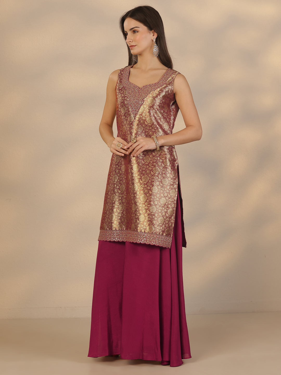  Libas Art Maroon Embroidered Silk Blend Straight Suit Set With Dupatta 